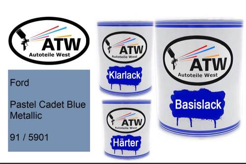 Ford, Pastel Cadet Blue Metallic, 91 / 5901: 1L Lackdose + 1L Klarlack + 500ml Härter - Set, von ATW Autoteile West.